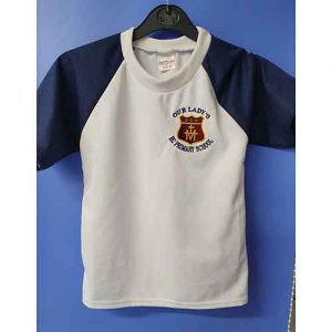 Embroidered White PE Top with Navy Cap Sleeves