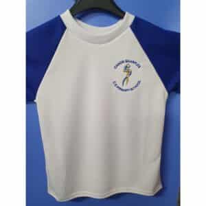 Embroidered White PE Top with Blue Cap Sleeves
